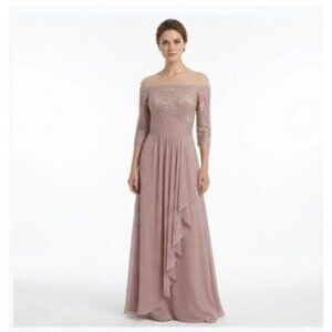 DaVinci Bridesmaids Buff Lace Chiffon Off-Shoulder Gown Asymmetric Ruffle A-Line